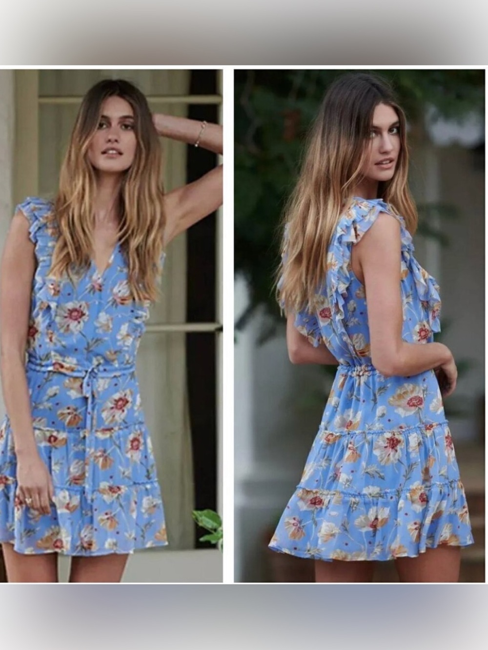 PAIGE S Barbarella 100% Silk Blue Floral Ruffle Tiered Mini Boho Cottage dress